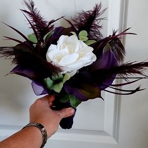 Bridal Bride Boquet Purple Cala Lilies Purple Feathers White Flowers